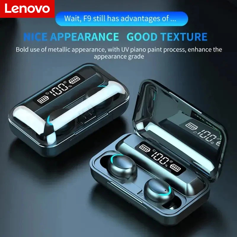 Usb C Earphone - Lenovo F9 Bluetooth ワイヤレスヘッドフォン - 大容量充電ケース＆デジタルディスプレイ、長時間バッテリー駆動のゲーム用イヤホン