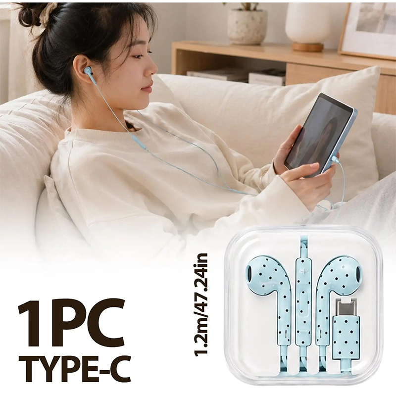 Usb C Earphone - ポルカドットスターパターンのインイヤーイヤホン、Type-C有線イヤープラグ、マイク付き、ゲーム・音楽用、Mi、iPhone、Samsung対応ヘッドセット