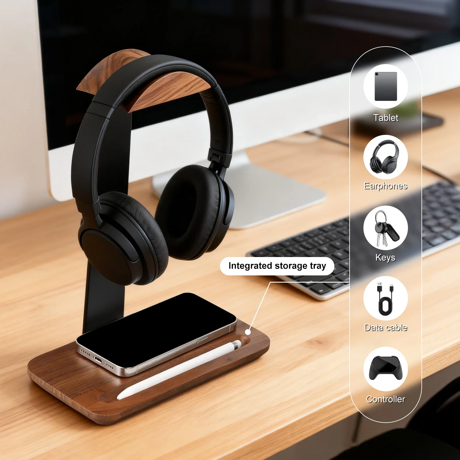 ユニバーサル木製ヘッドホンスタンド、収納ベース付き、滑り止め - Headphone Stand Desk のレビューと価格